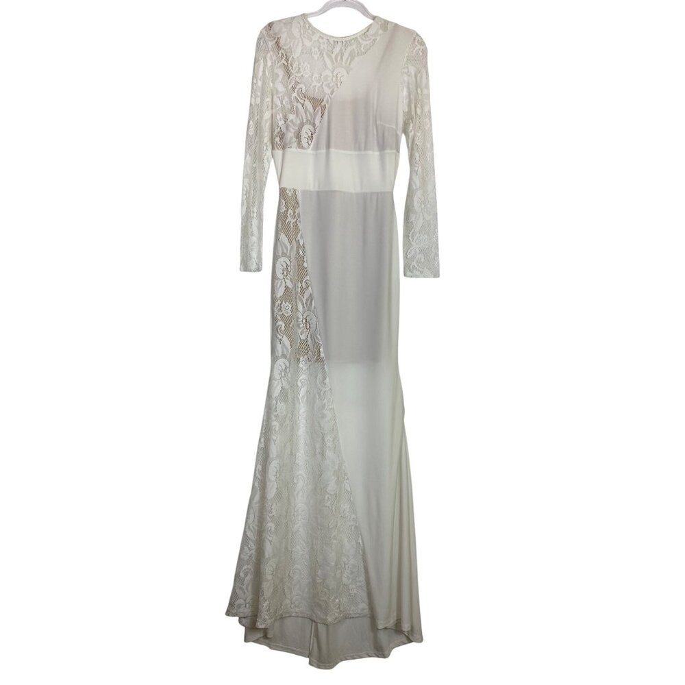Long Sleeve Lace Wedding Dress Formal Gown Size Large White Sexy‎ Maxi Stretch